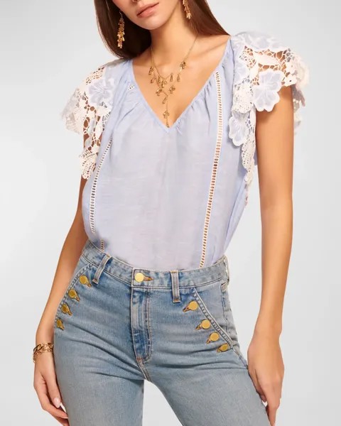 Блуза Hillary с вышивкой и развевающимися рукавами Ramy Brook, цвет Chambray Embroidered Boho Linen