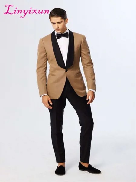 Linyixun 2022 новейший дизайн пальто и брюк Золотая шаль отворот приталенный мужской костюм 2 шт. Блейзер под заказ стильный смокинг костюм для же...