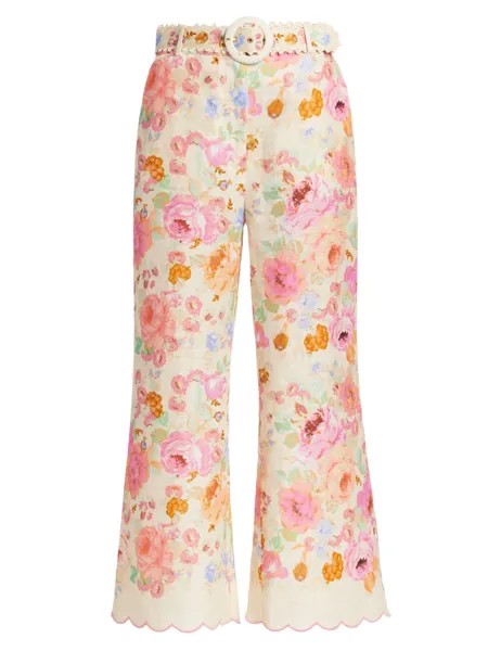 Укороченные расклешенные брюки Raie с цветочным принтом Zimmermann, розовый