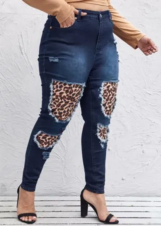 Рваные джинсы-скинни размера плюс с леопардовым принтом и карманом