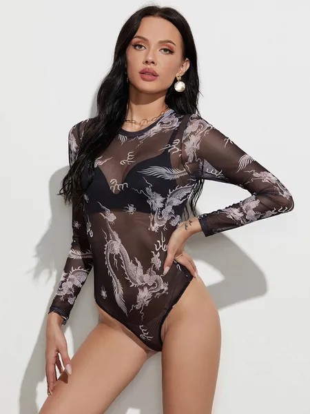 Milanoo Women Bodysuit Black Long Sleeves Jewel Neck Sexy Polyester Printed One Piece Outfit