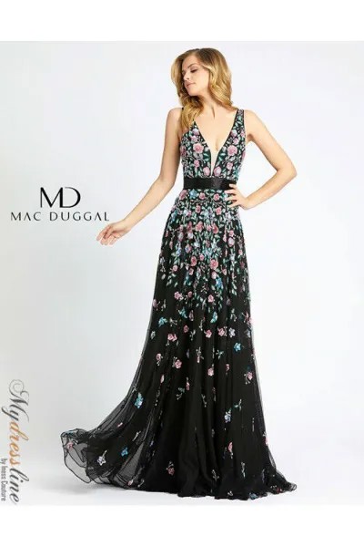 MAC DUGGAL 4983M Черное платье без рукавов с 3D пайетками и цветочной аппликацией с v-образным вырезом 2 США
