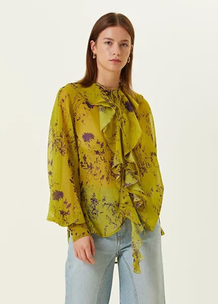 Желтая шелковая блузка с цветочным принтом и рюшами Victoria Beckham
