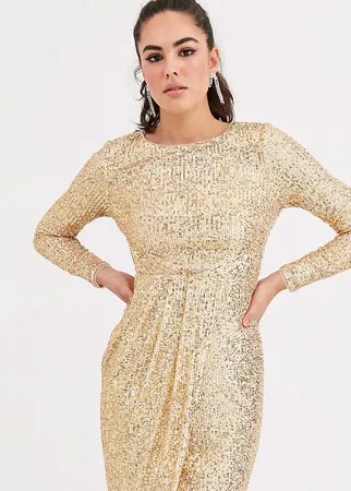 Золотистое платье миди с запахом и пайетками TFNC-Золотистый