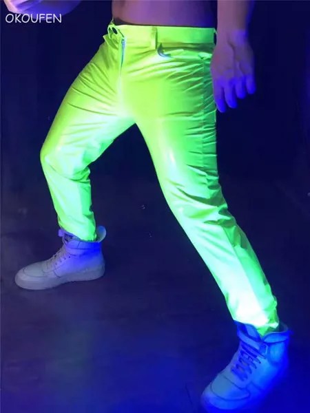 Модные флуоресцентные зеленые Стрейчевые кожаные брюки, мужские флуоресцентные сексуальные брюки для ночного клуба, бара, танцевальное оборудование