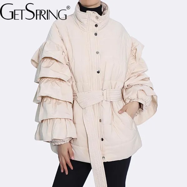 GetSpring женская пуховая парка, однотонная куртка со шнуровкой и воротником-стойкой, подходящая ко всему свободная длинная теплая куртка для о...