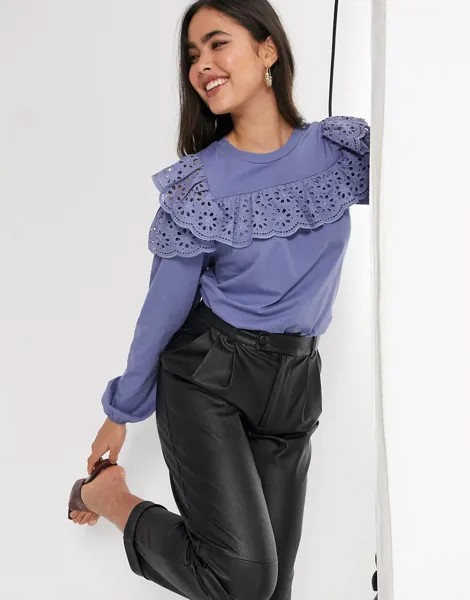 Синий лонгслив с открытыми плечами и вышивкой ришелье River Island-Голубой
