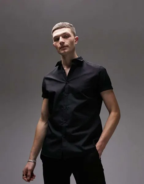 Черная строгая рубашка узкого кроя с короткими рукавами Topman