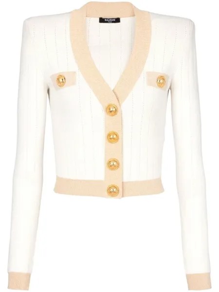 Balmain укороченный кардиган в рубчик, нейтральный цвет