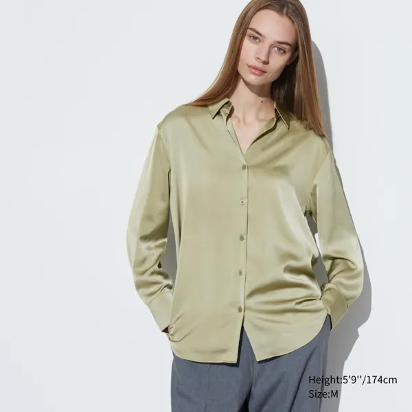 Блузка UNIQLO атласная с длинными рукавами, зеленый