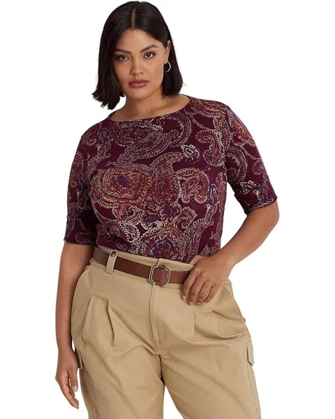 Топ LAUREN Ralph Lauren Plus Size Paisley Stretch Cotton Boatneck, цвет Burgundy Multi