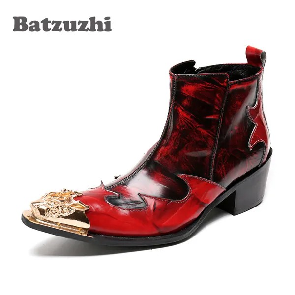 Batzuzhi итальянский Тип Мужская обувь; Цвет красного вина; Полусапожки из натуральной кожи мужские короткие сапоги золотистого цвета с металлической отделкой; Обувь для ночного клуба обувь для сцены 6 см обувь на высоком каблуке