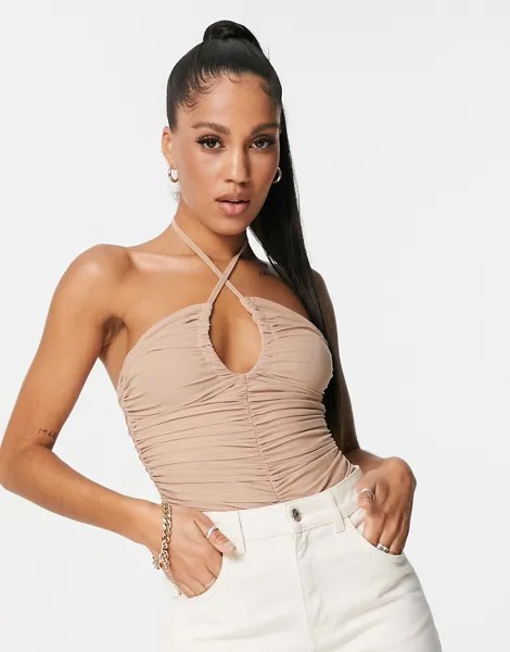 Бежевое сетчатое боди с завязками на шее и сборками ASOS DESIGN-Нейтральный