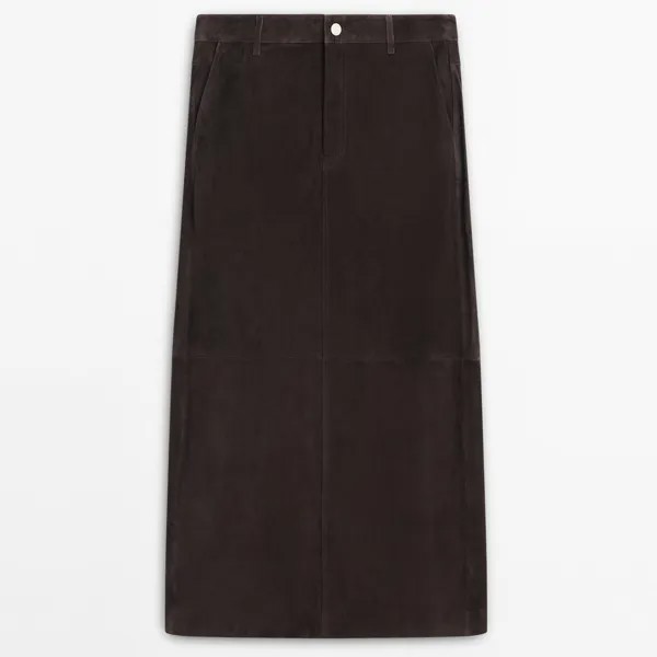 Юбка Massimo Dutti Long Suede Leather With Pockets, коричневый