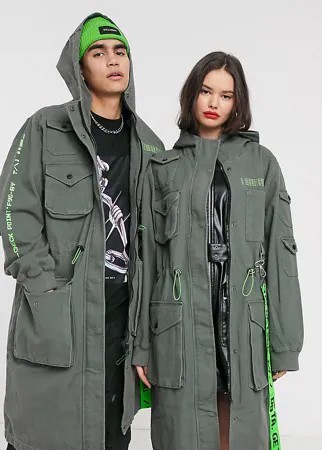 Длинная куртка цвета хаки с принтом COLLUSION Unisex-Черный