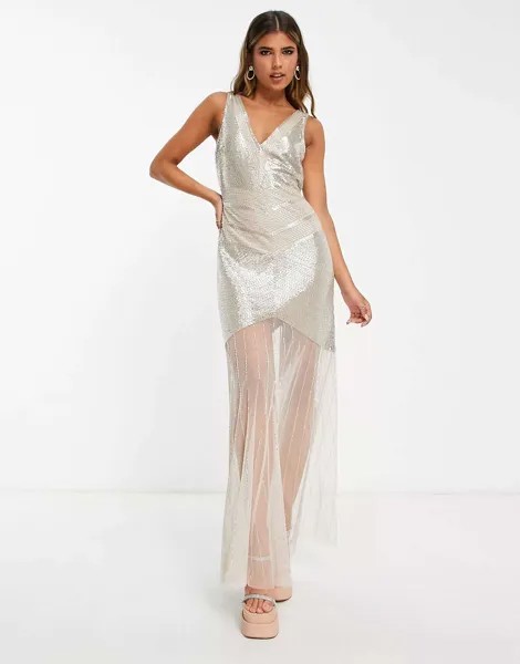 Свадебное платье макси с прозрачным низом Miss Selfridge Premium румяного цвета - BEIGE