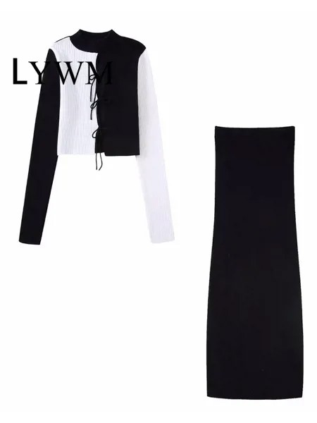 Женский модный комплект LYWM из 2 предметов, укороченный свитер в стиле пэчворк и винтажная юбка миди с эластичным поясом, шикарный женский ко...