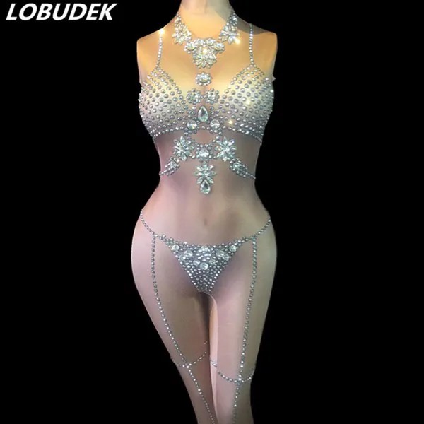 Серебристый комбинезон телесного цвета с кристаллами, Женское боди для акробатических костюмов, танцевальный костюм для шеста, одежда для ...