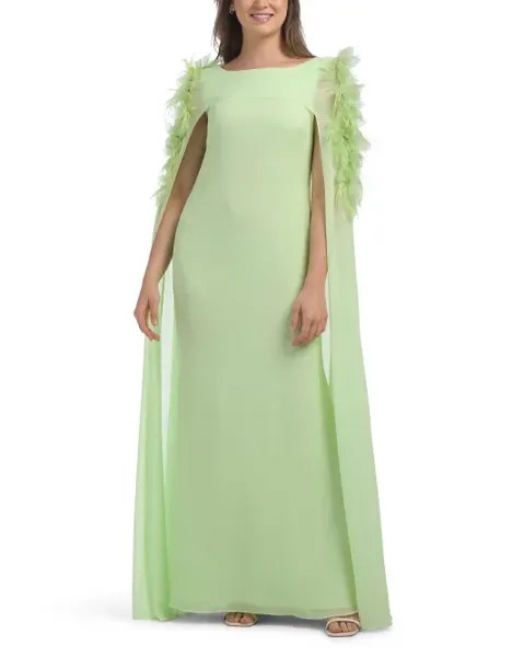 Платье-кейп с перьями и иллюзией Badgley Mischka, цвет Lime