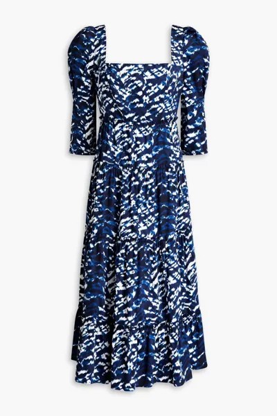 Платье миди Nora из поплина стретч со сборками и принтом. Diane Von Furstenberg, темно-синий