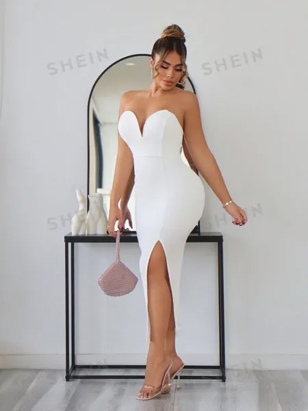 SHEIN SXY Элегантное белое текстурированное трикотажное платье миди без бретелек с глубоким v-образным вырезом и высоким разрезом для женщин, белый
