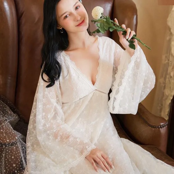 Женская весенне-осенняя белая пикантная Ночная сорочка, женский халат с длинным рукавом, пеньюар, винтажное викторианское Ночное платье