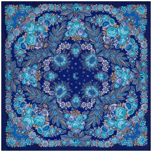 Платок Павловопосадская платочная мануфактура,146х146 см, синий, бирюзовый