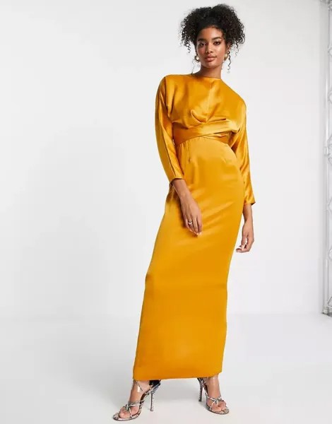 Атласное платье макси с рукавами «летучая мышь» и запахом на талии ASOS горчичного цвета