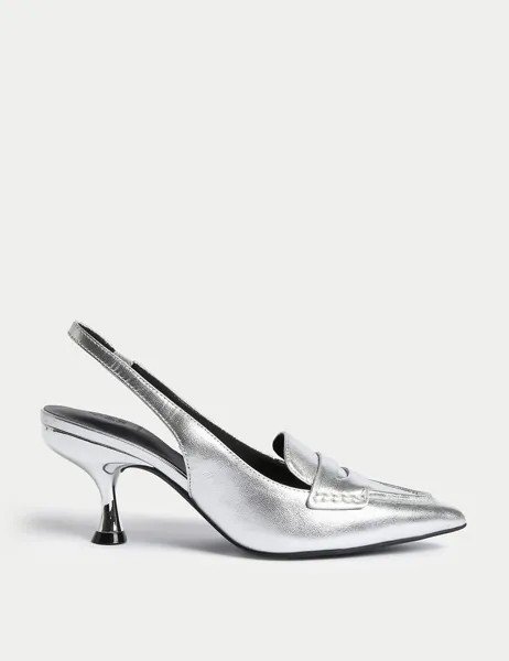 Кожаные туфли на маленьком каблуке с острым носком и пяткой на пятке Marks & Spencer, серебро