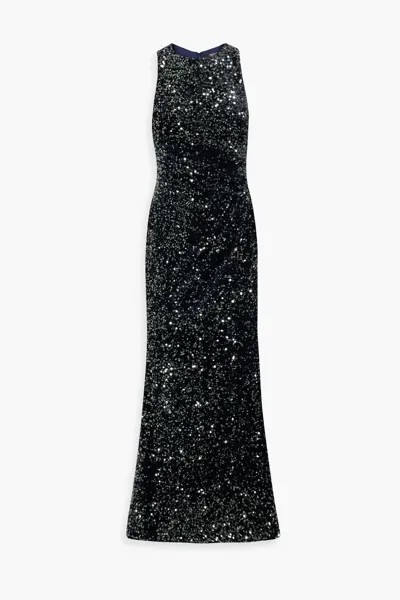 Бархатное платье с пайетками Badgley Mischka, темно-синий