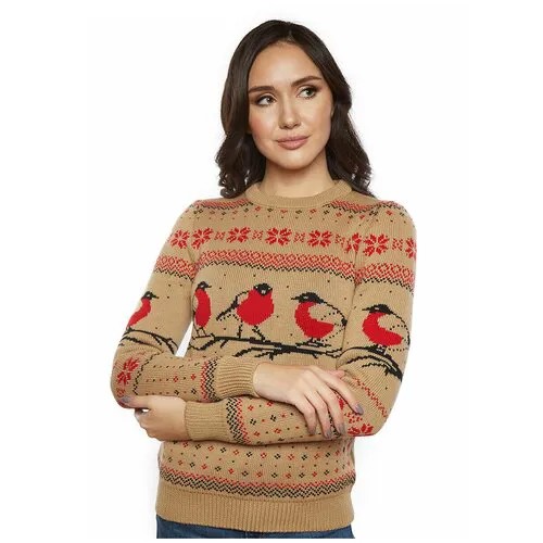 Шерстяной свитер, классический скандинавский орнамент с птицами снегирями и снежинками, натуральная шерсть, бежевый цвет, размер S