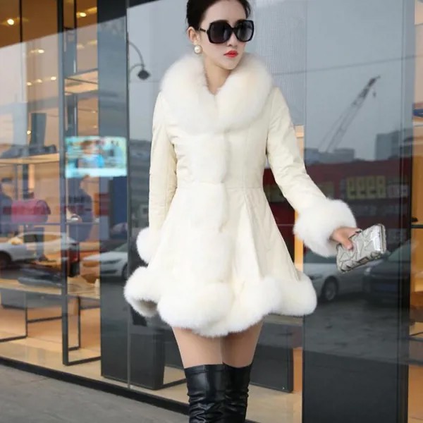 Дамы зимой искусственного Fox меховым кожаные пальто теплый пушистый Hoodie толстым пальто плюс размер пиджак Slim Fit