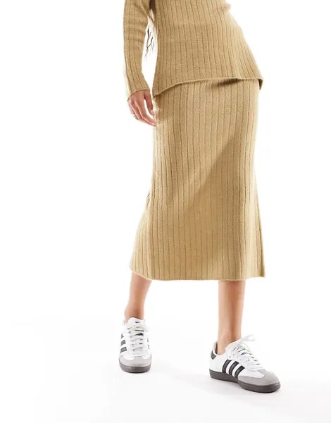 Юбка миди Asos Design Knitted In Rib Co-ord, бежевый