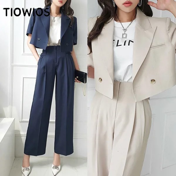 Новинка, женские летние комплекты из двух предметов, корейская мода, маленький пиджак и брюки с широкими штанинами
