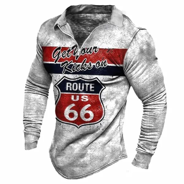 Мужская футболка-поло с длинным рукавом Get Your Kicks On Route 66 на молнии