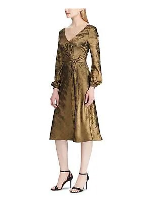 LAUREN RALPH LAUREN Женское вечернее платье с запахом золотистого цвета с длинными рукавами длиной до колен 12