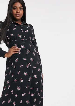 Черное платье миди с цветочным принтом Fashion Union Plus-Черный