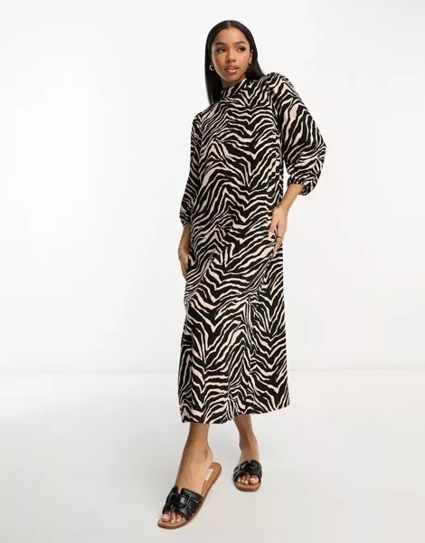 Платье миди с высоким воротником и рукавами 3/4 New Look с зебровым принтом