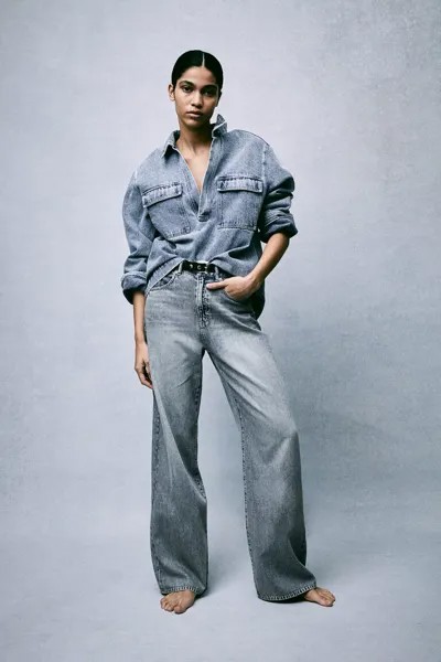Мягкие прямые джинсы стандартного кроя с перьями H&M, синий
