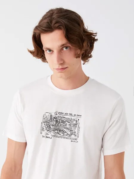 Мужская футболка из чесаного хлопка с круглым вырезом и коротким рукавом с принтом LCW Casual, экрю