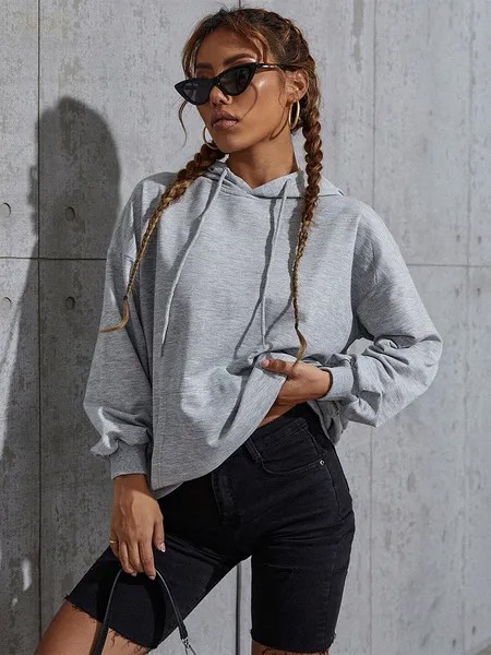 Milanoo Women Hoodie Light Gray Long Sleeves Pockets Polyester Hooded Sweatshirt