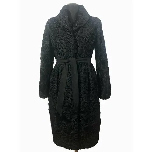 Пальто , каракуль, удлиненное, силуэт прилегающий, карманы, пояс/ремень, размер 44/46, черный