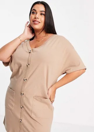 Бежевое платье-футболка на пуговицах ASOS DESIGN Curve-Коричневый цвет