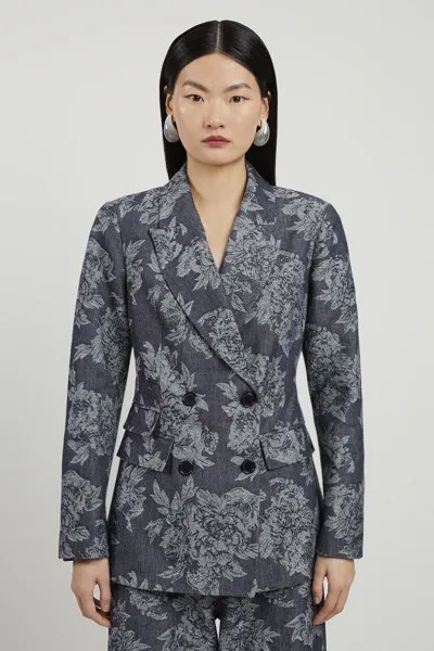 Джинсовый двубортный пиджак с цветочным принтом на заказ Karen Millen, синий