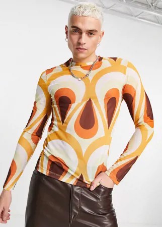 Облегающий сетчатый лонгслив с принтом ASOS DESIGN-Разноцветный