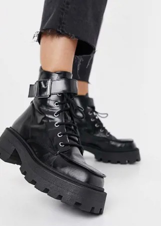 Черные кожаные массивные ботинки на шнуровке с квадратным носком ASOS DESIGN Acute-Черный цвет