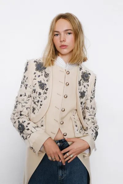 Пиджак Zara 2-In-1 Wool Embroidered Limited Edition, желтовато-белый