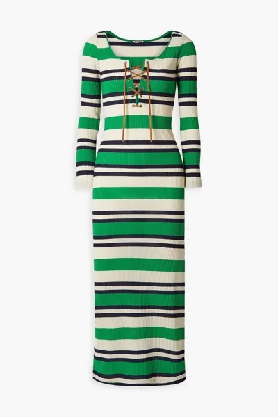 Платье миди в рубчик в полоску со шнуровкой MIU MIU, зеленый