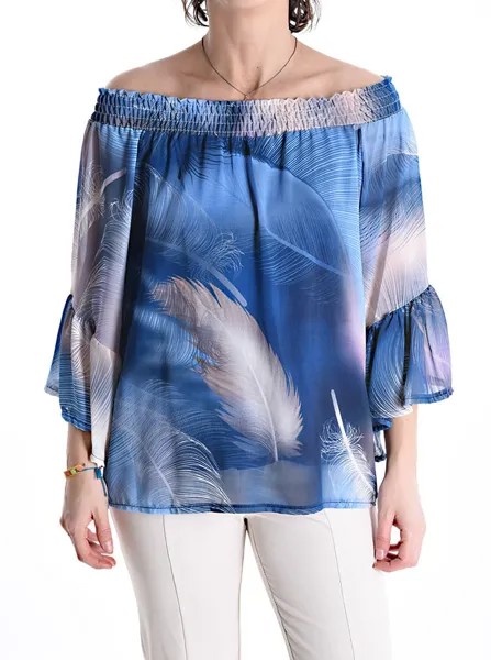 Разноцветная блузка с эластичным рукавом 3/4 с воланами, лазурный синий