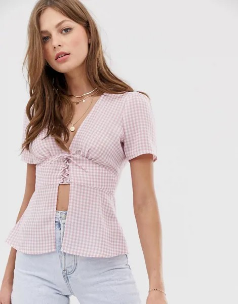 Блузка в клеточку с завязкой Fashion Union-Розовый